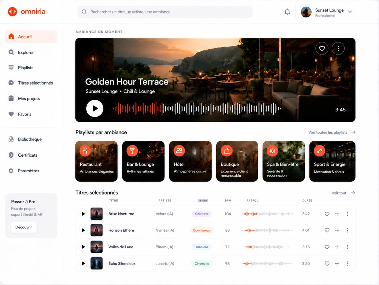 Aperçu du dashboard Omniria avec player, playlists et titres sélectionnés