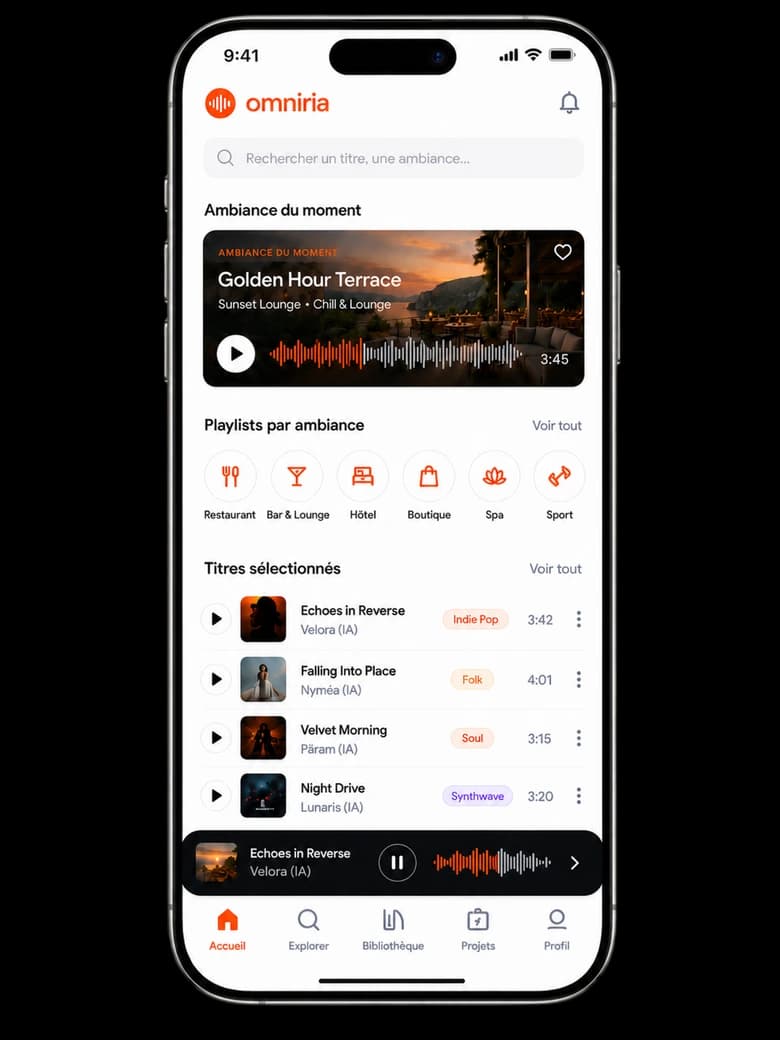 Aperçu mobile Omniria avec playlists par ambiance et lecteur audio